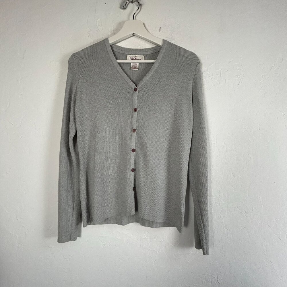 Worthington Womens Medium Gray Knit V-Neck Cardigan Sweater Button Front Casual